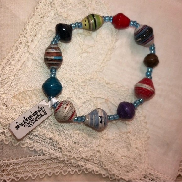 Colorful Paper Mache Bead Bracelet Banana Boat Recycled Stretch Bangle Vtg NWT - Picture 3 of 13
